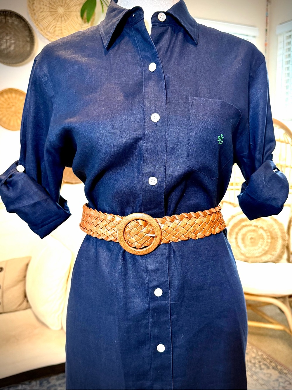 Lauren Ralph Lauren Navy 100% FINE Linen Shirt Dress Gingham P/M Luxury Summer